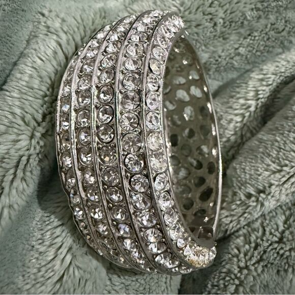 WIDE SILVER RHINESTONE HINGED CUFF BRACELET – 2.5” x 2.7” STATEMENT BANGLE - Picture 5 of 17